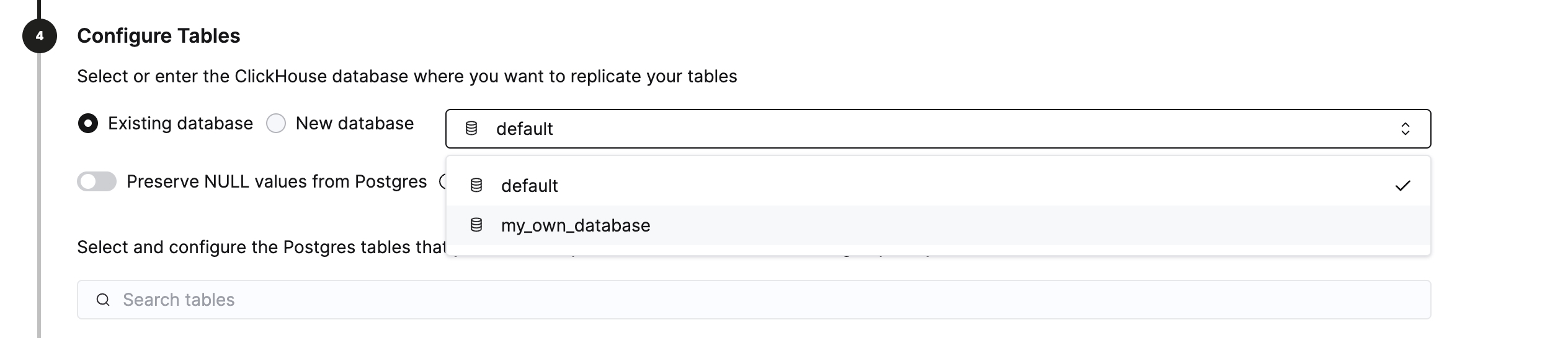 Select destination database